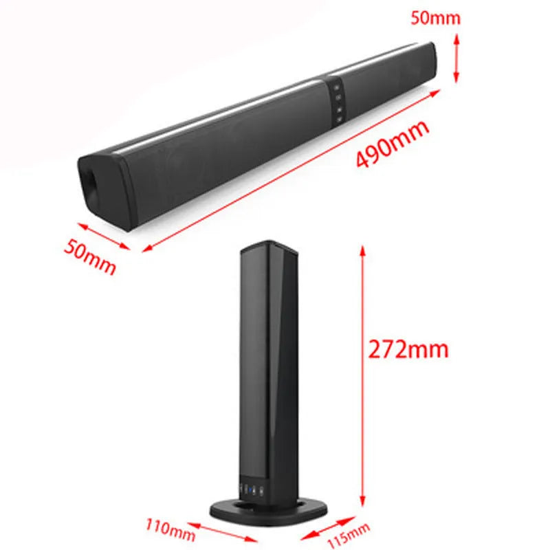 Black foldable split Bluetooth speaker, 490mm wide, with radio, TF, USB and RCA inputs