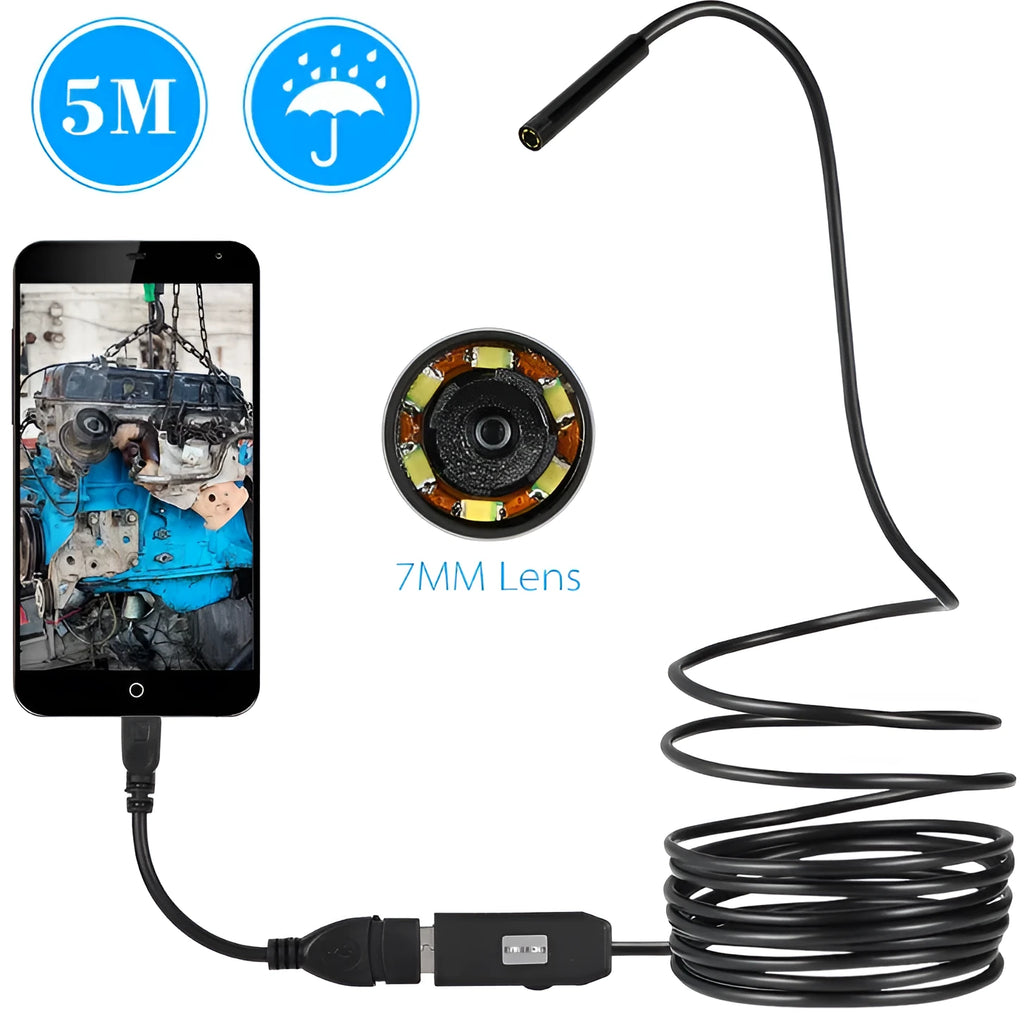 OWSOO USB endoscope camera with 5m cable, 7mm lens, LED lights, hook, magnet, and mirror for inspections