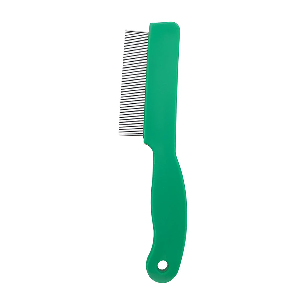 Green plastic handle stainless steel pin pet flea comb for dogs and cats on a white background.