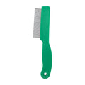 Green plastic handle stainless steel pin pet flea comb for dogs and cats on a white background.