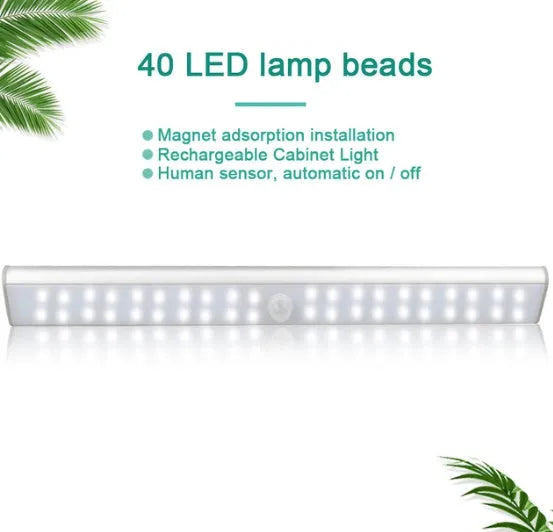 Rechargeable motion sensor LED light strip in 24, 40, and 60 bead lengths.