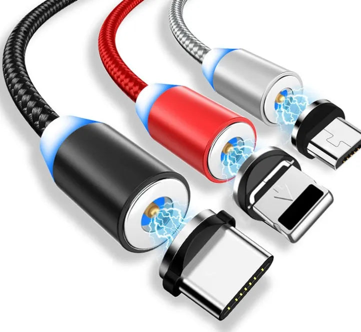 Black magnetic LED charging cable with aluminium shell and woven texture, showing LED light and connector.