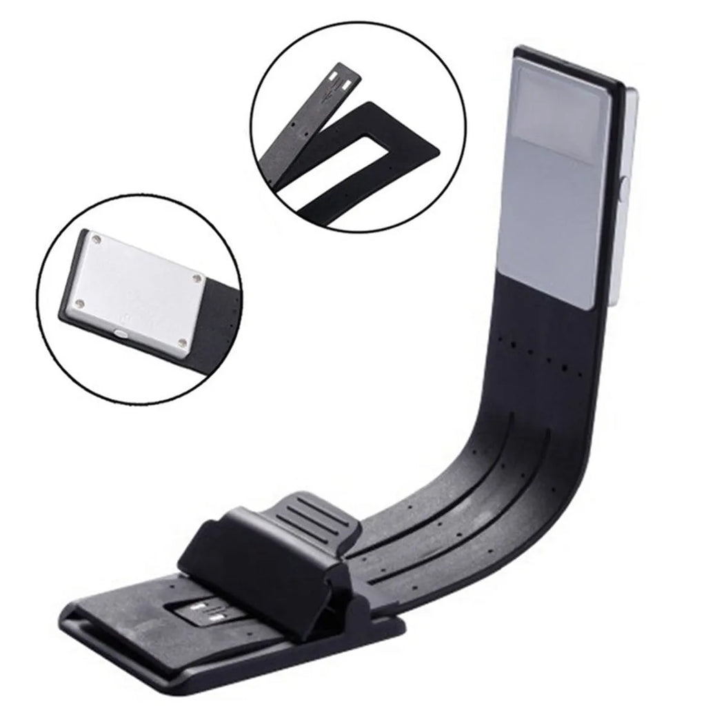 LEDGLE black USB rechargeable flexible clip LED book light with frosted panel and silicone arm on an e-reader