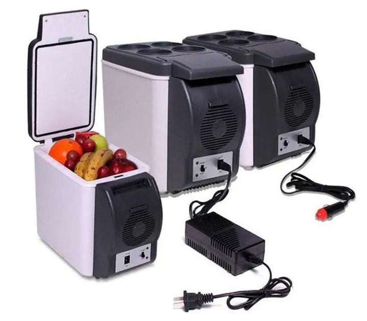 6L mini fridge dual-use 12V 220V in black, 25cm x 30cm x 16.5cm, with cooling and heating modes