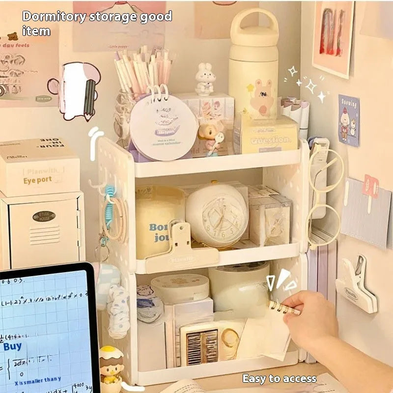 Beige plastic desktop storage rack with wire-wrap shelf, pen containers and hooks, 2-layer or 3-layer desk organiser