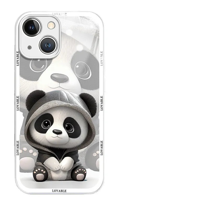 Glass liquid silicone phone case with panda design for iPhone, black and white colour options