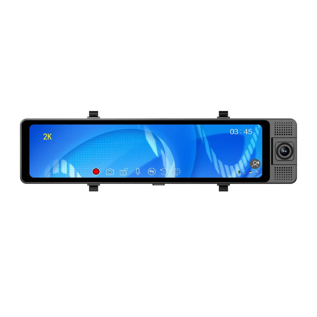 12-inch car video recorder integrated into rearview mirror with touchscreen display and rear camera