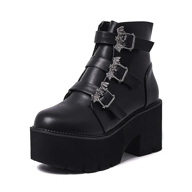 Black women's Harajuku punk Gothic Martin boots with bat buckle, side zip, and thick heel.