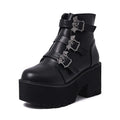 Black women's Harajuku punk Gothic Martin boots with bat buckle, side zip, and thick heel.