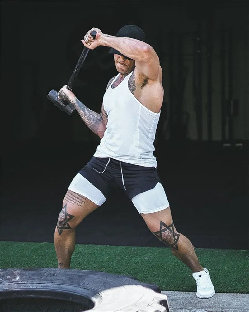 Men's 2 in 1 mesh running shorts in army green, blue, black, camo, red, white, and yellow, sizes S to 3XL