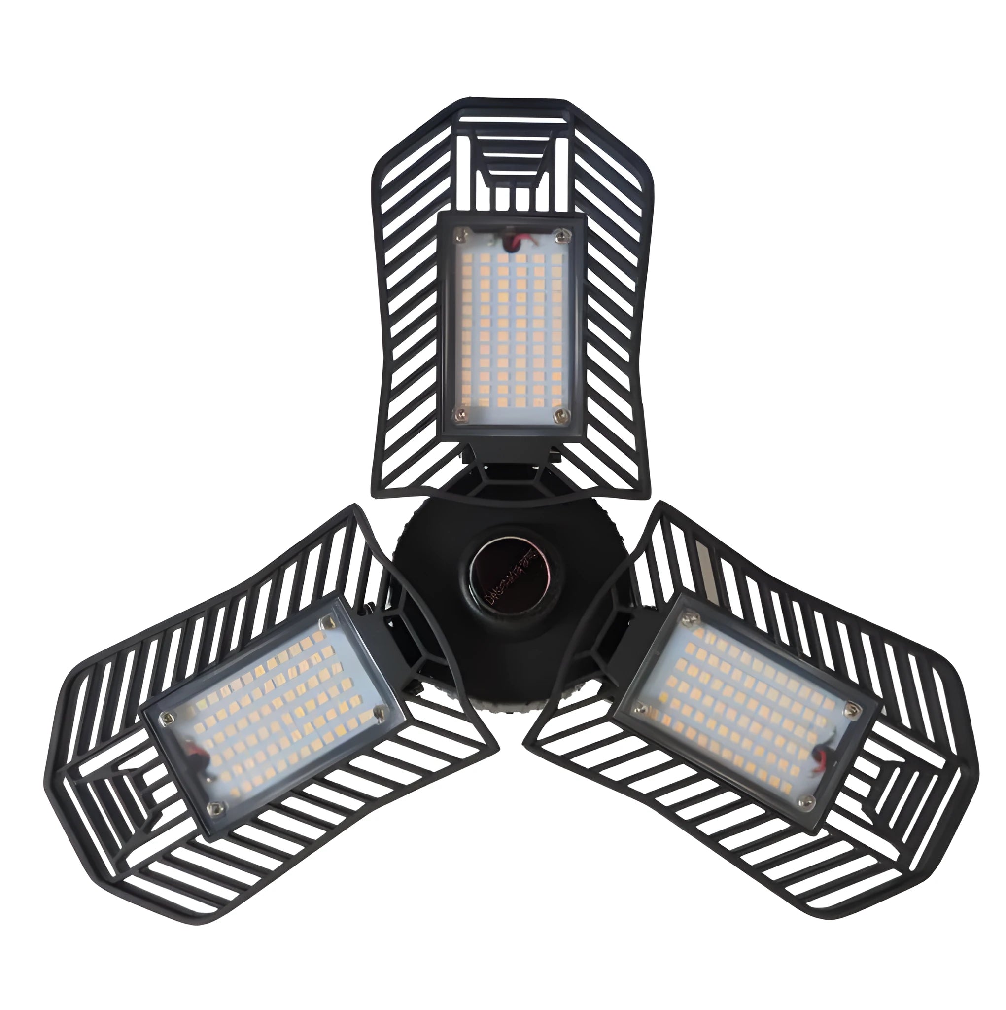 Waterproof foldable industrial garage lamp with die-cast aluminium housing on a workshop bench.