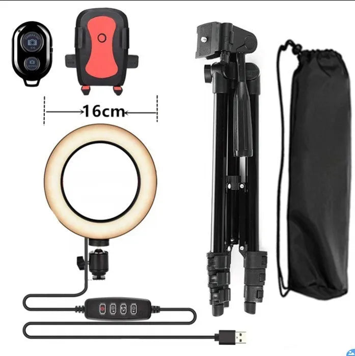 Adjustable live phone stand extended to full height with desk clamp and flexible gooseneck arm holding a mobile phone.