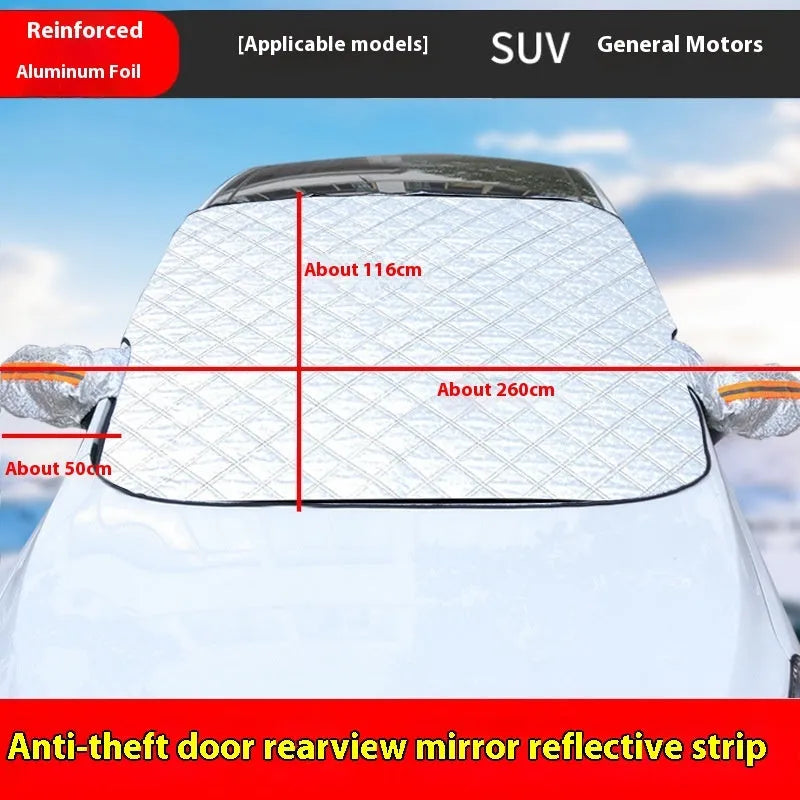 Winter car cover for SUV windshield made of aluminium foil with reflective stripes and magnets.
