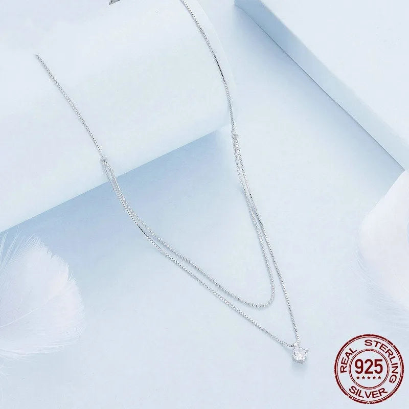 S925 sterling silver double-layer pearl chain necklace with shining pendant in silver colour