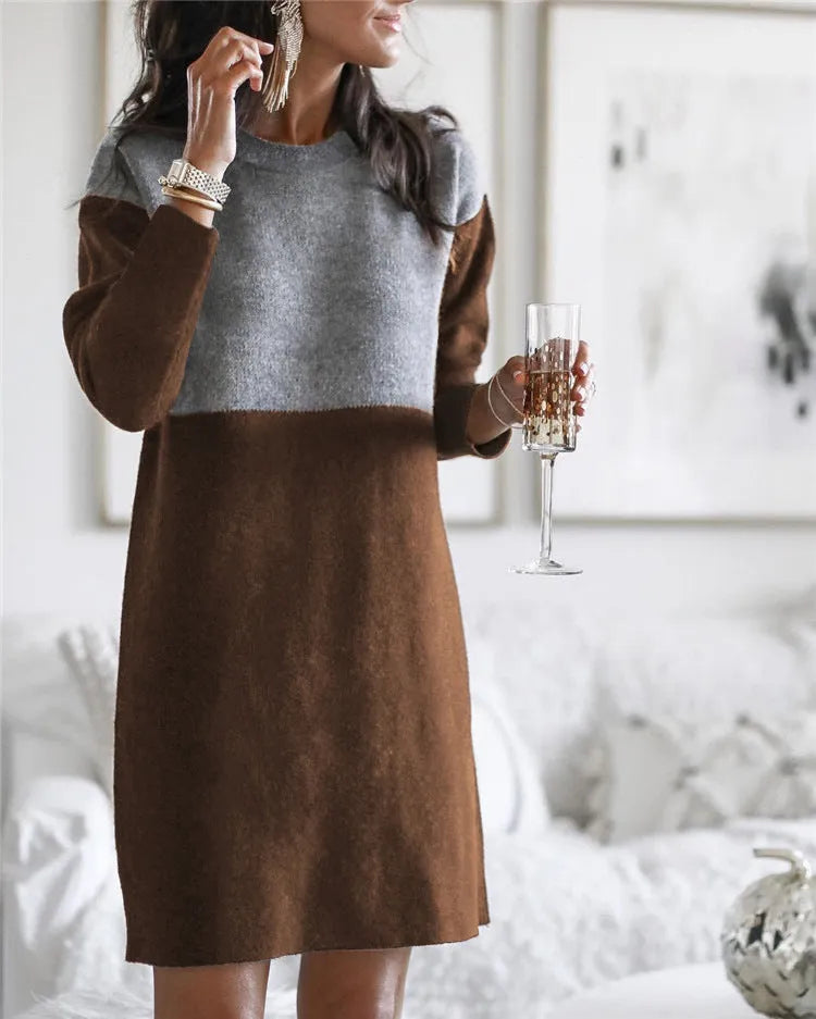 Brown women's patchwork skirt dress with long sleeves and round neck in polar fleece fabric