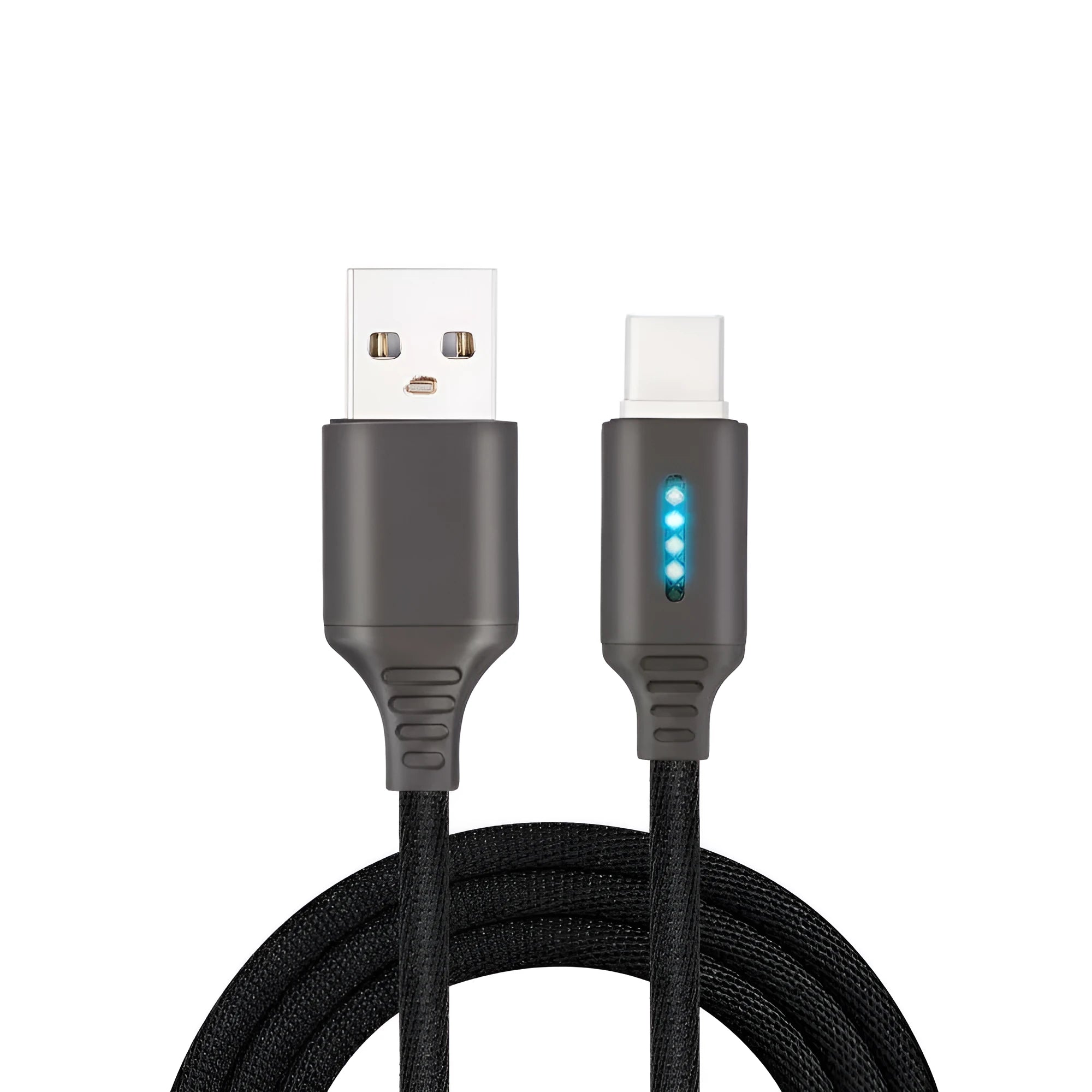 Fabric braided USB charging cable in black, 1 metre long with USB and device connectors