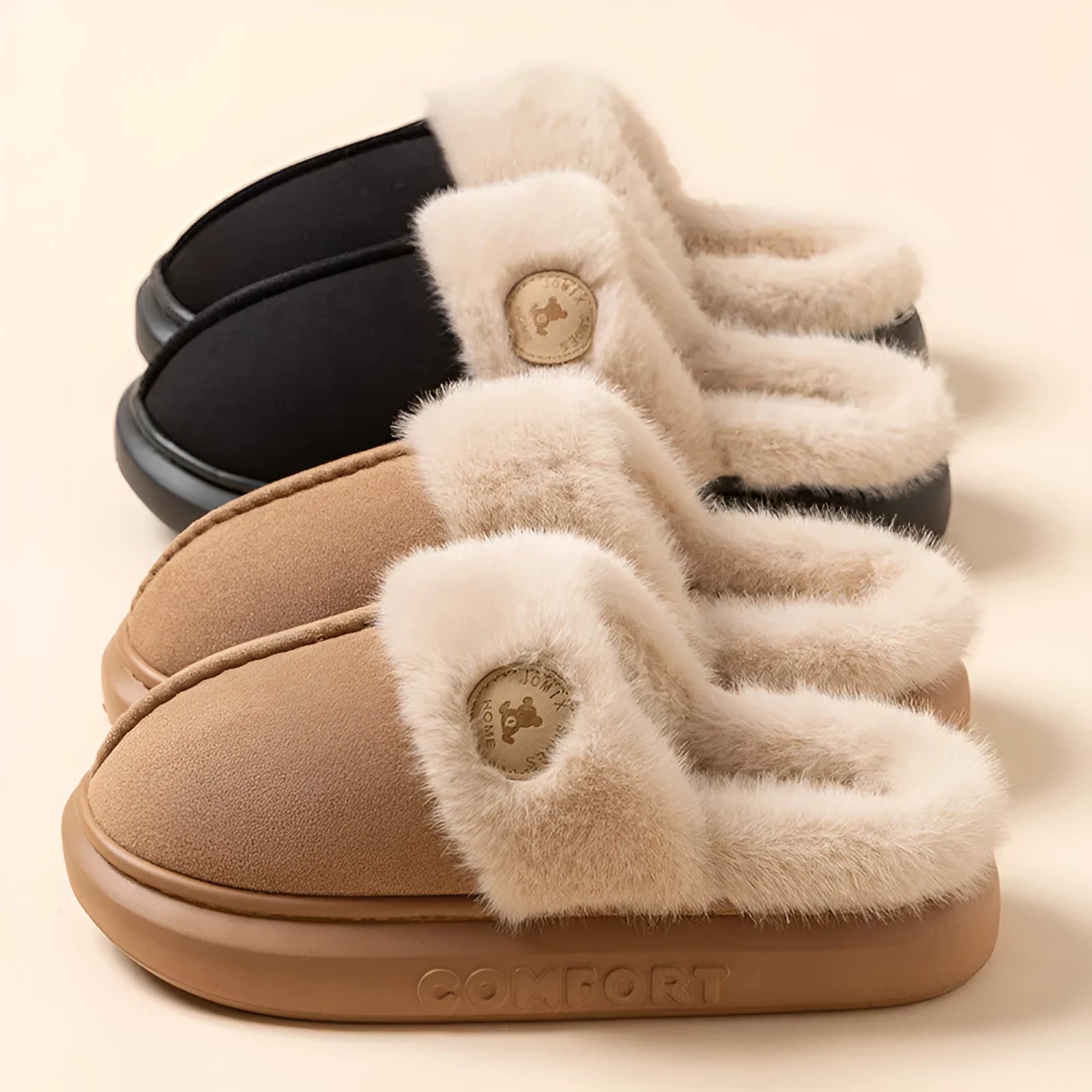Plush fleece winter slipper with thick PVC sole, shown in khaki colour with car stitching detail.