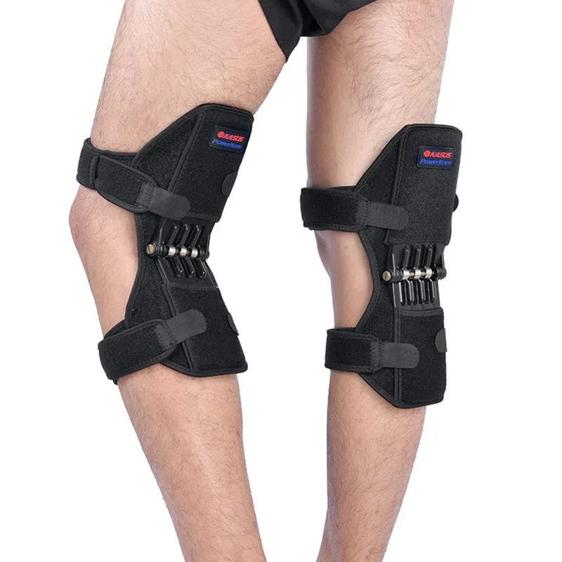 Adjustable spring knee brace support for mountaineering and sports, shown in black with breathable fabric.
