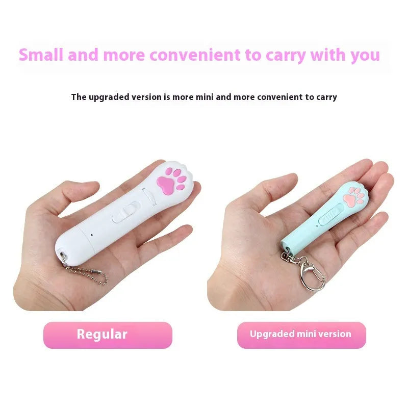 Handheld infrared cat laser toy projecting purple light patterns with colour options of blue, pink, purple, or white