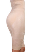 Black high-waist seamless shapewear shorts laid flat showing the waistband and short length.