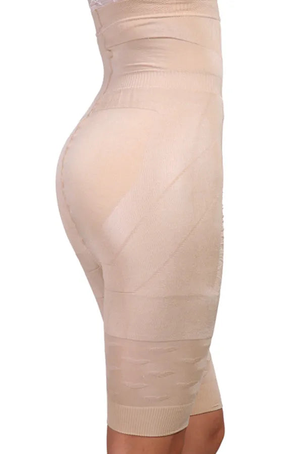 Black high-waist seamless shapewear shorts laid flat showing the waistband and short length.