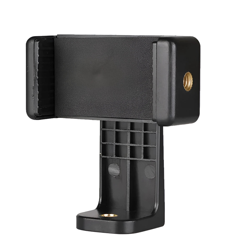 Black plastic rotating clamp phone holder shown with dimensions 10mm wide by 4mm deep.