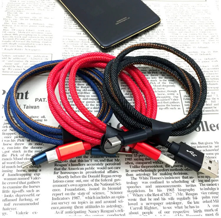 Cowboy style braided type-c charging cable with aluminium connectors in black, blue, and red colour options.