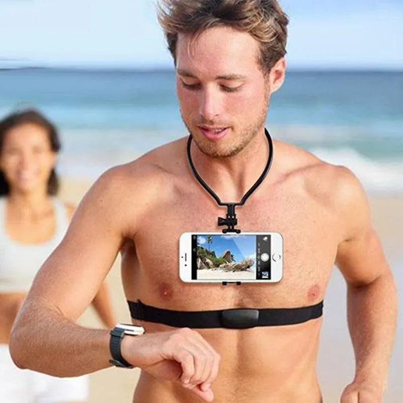 A black adjustable neck phone holder mounting a smartphone for hands-free filming.