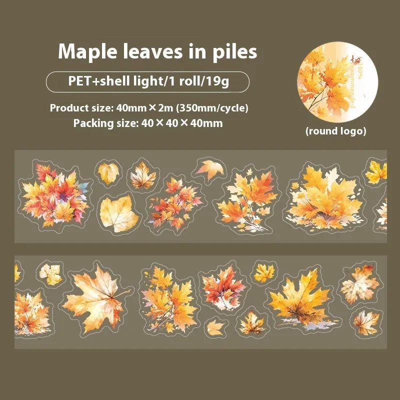 Roll of Deciduous Poetry Series decorative stickers showing six leaf designs including ginkgo and maple, 40mm wide.