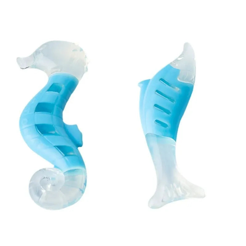 Two PU nylon dog chew toys: a seahorse and a tuna, on a plain background.