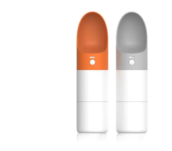 White and grey Moestar Rocket shaped pet water bottle with cup head and lock button.