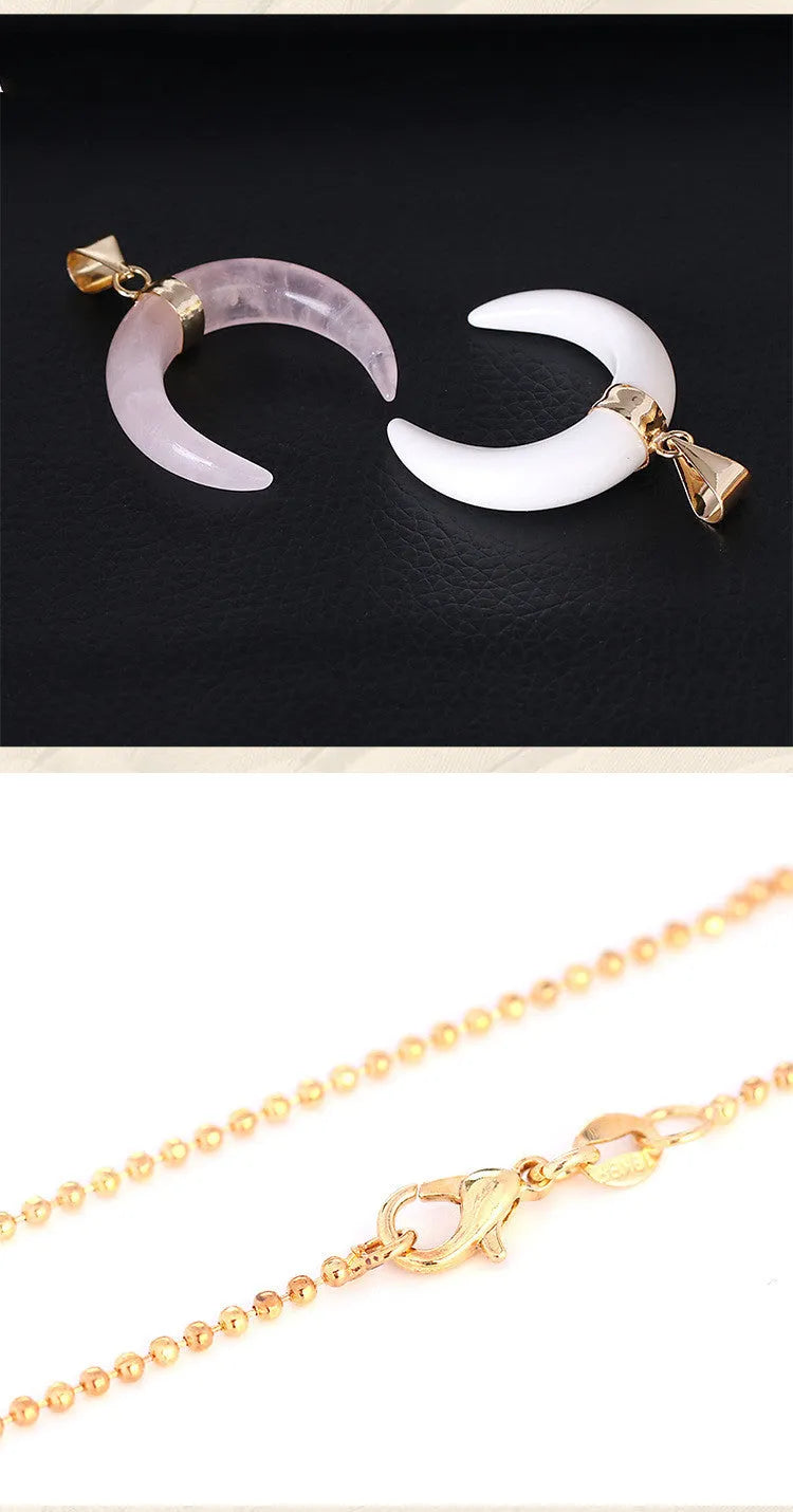 Natural stone moon pendant necklace with electroplated copper chain, shown in pink and purple colour options.