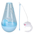 Blue and yellow cat toy with bell ball, plush mouse stick and snack dispenser