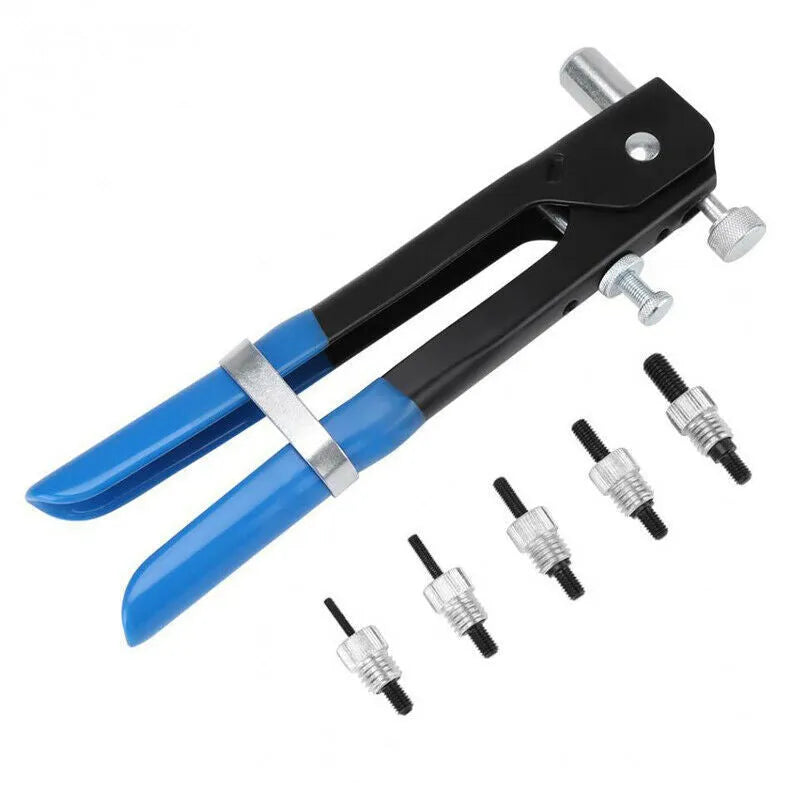 Alloy steel manual riveter tool with assortment of rivet nuts and mandrels from the nut gun set.