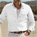 Men's loose fit long sleeve cotton linen summer shirt in green, showing casual design details