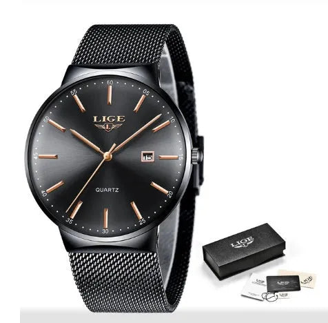 Stainless steel men's wristwatch with 40mm dial showing all-black, all-blue, and black-blue colour options