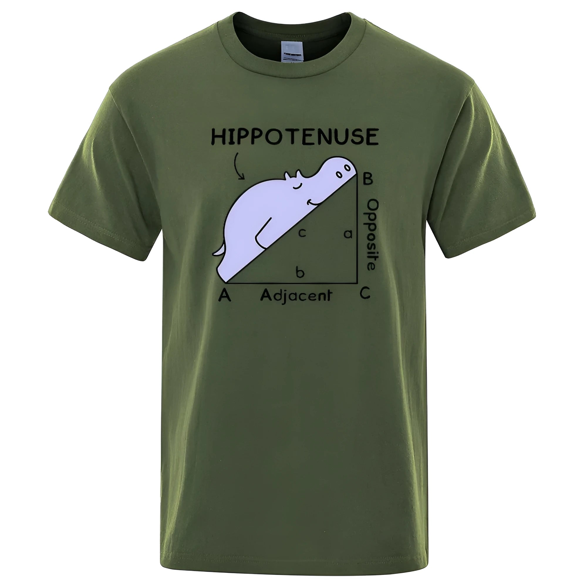 Loose fit cotton T-shirt with white Hippotenuse Opposite Adjacent funny text print, shown in Army Green colour.