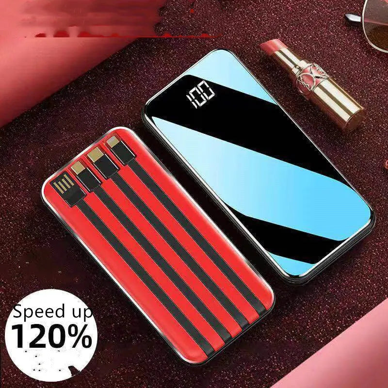 Portable power bank with digital display showing battery percentage, surrounded by USB, Micro USB, Type-C, and Lightning cables.