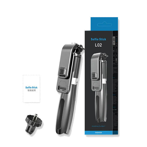Black and white Bluetooth selfie stick with wireless remote, shown extended and with tripod base.