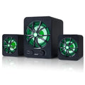 Green U-2600 mini 2.1 USB computer speaker with glowing colourful lights on a desk.