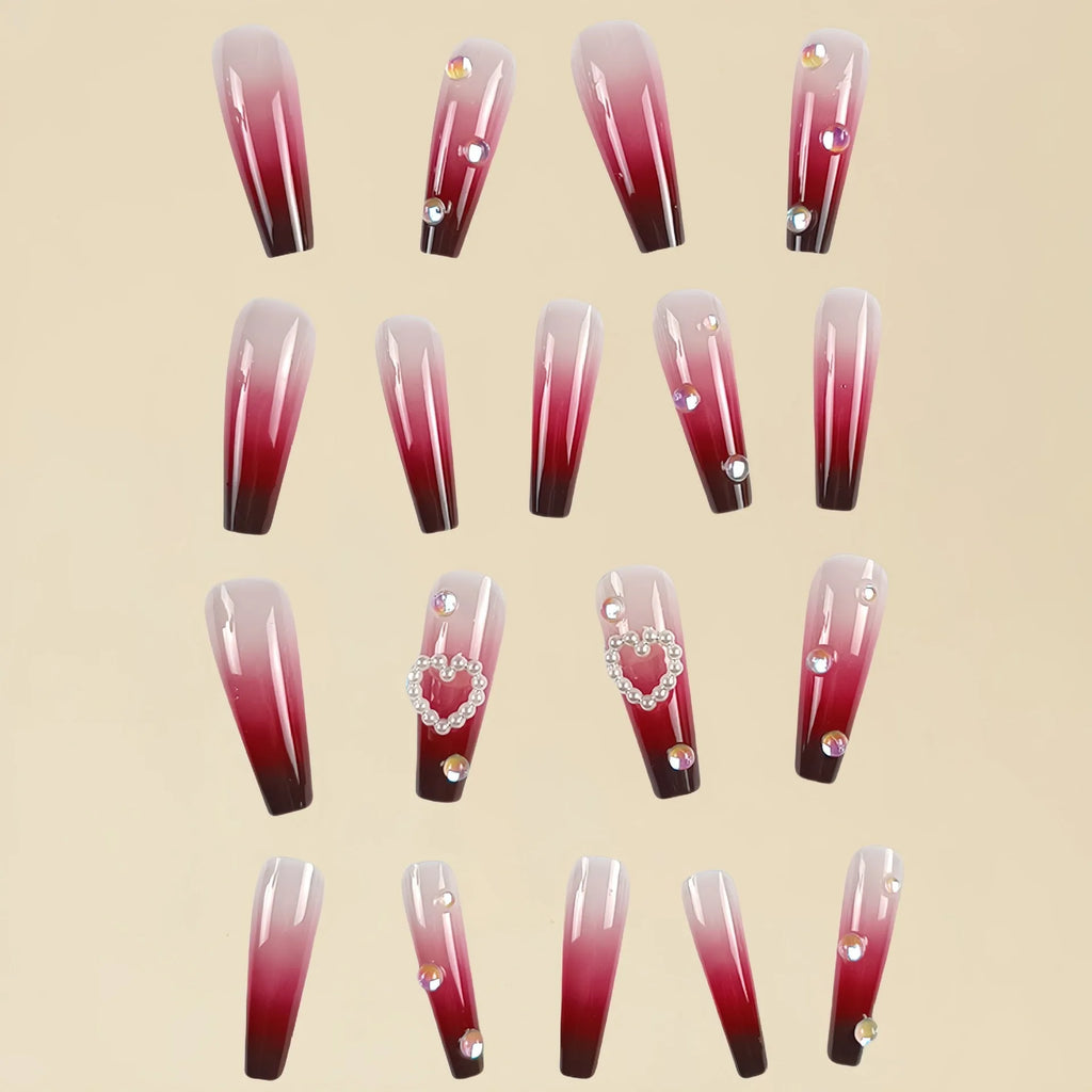 Wine red gradient fake nail tips with pearl heart plaid pattern in ballet style length