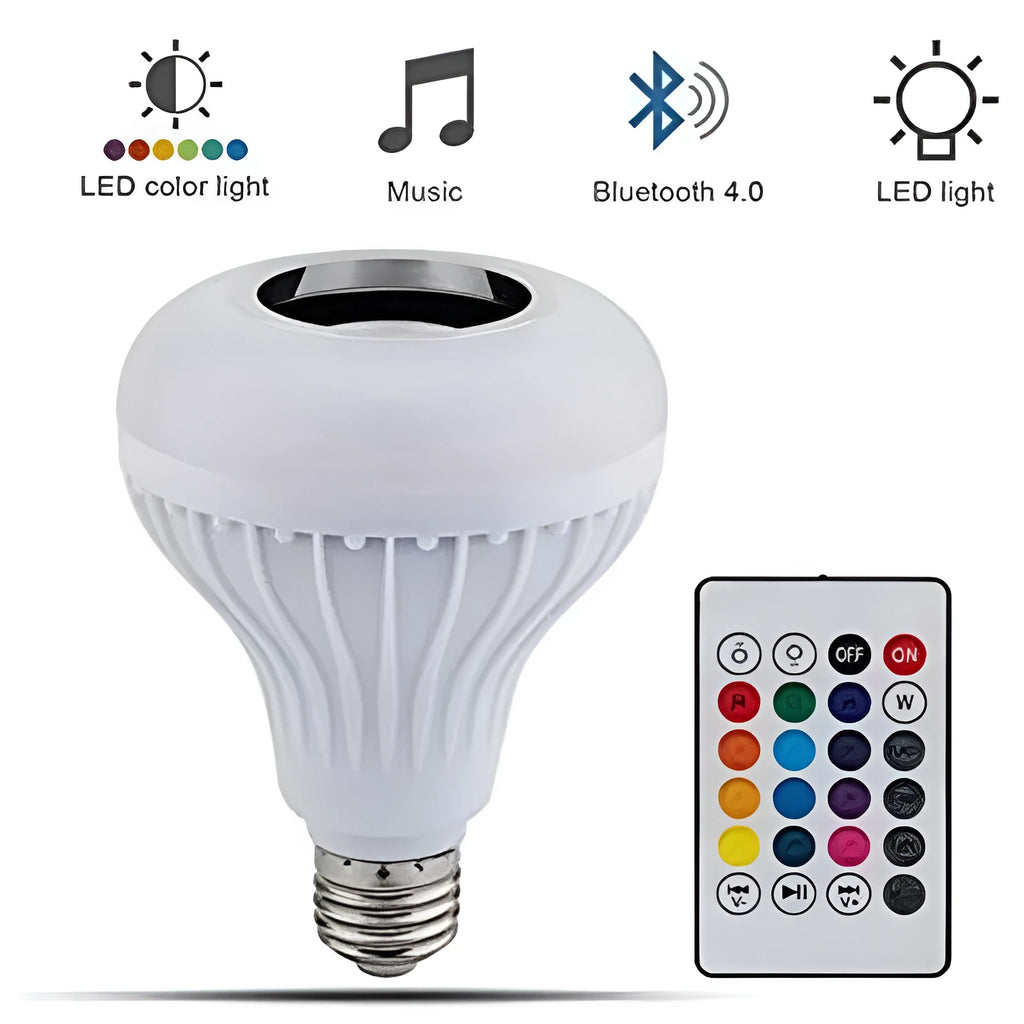 White smart LED bulb with E27 base featuring built-in Bluetooth speaker and 16-colour RGB lighting