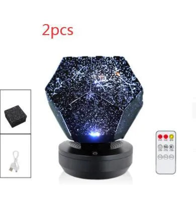 LED starry sky projector night lamp showing constellation projections on a bedroom ceiling with remote control