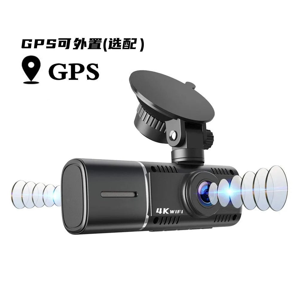 Black dual-channel dash cam with 1.5-inch screen mounted on car windscreen, showing front and rear view.