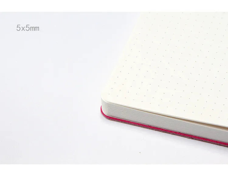 Blue and pink soft touch A5 dotted notebooks showing dot grid pages and imitation leather cover.
