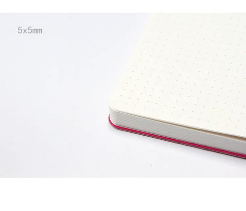 Blue and pink soft touch A5 dotted notebooks showing dot grid pages and imitation leather cover.