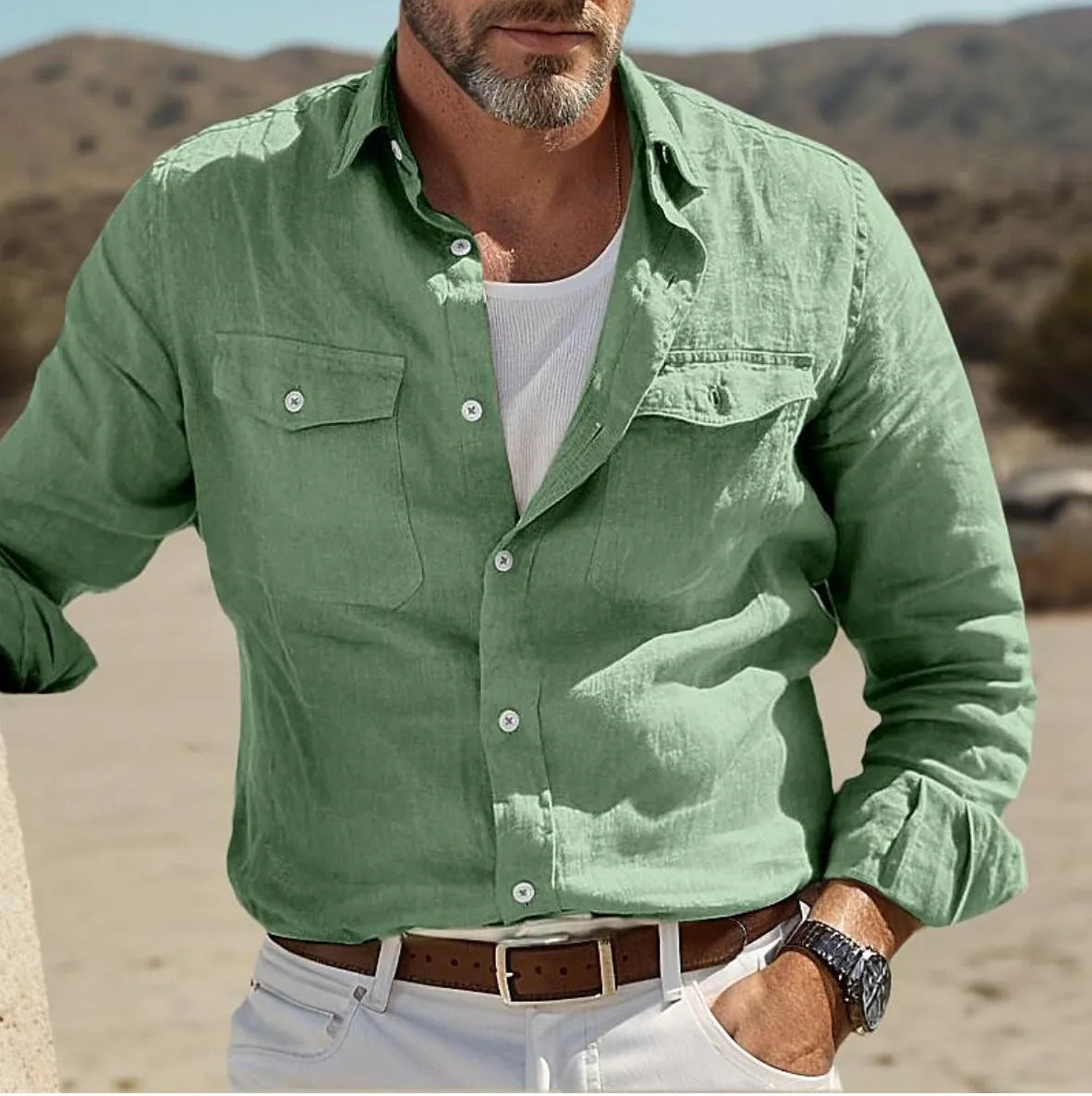 Men's loose fit long sleeve cotton linen summer shirt in green, showing casual design details