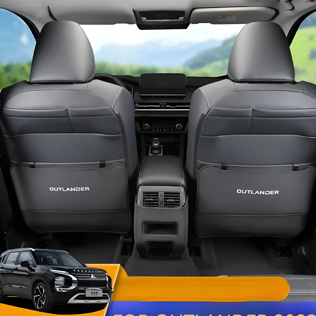 Three genuine leather anti-kick pads for Mitsubishi Outlander seat and console protection.