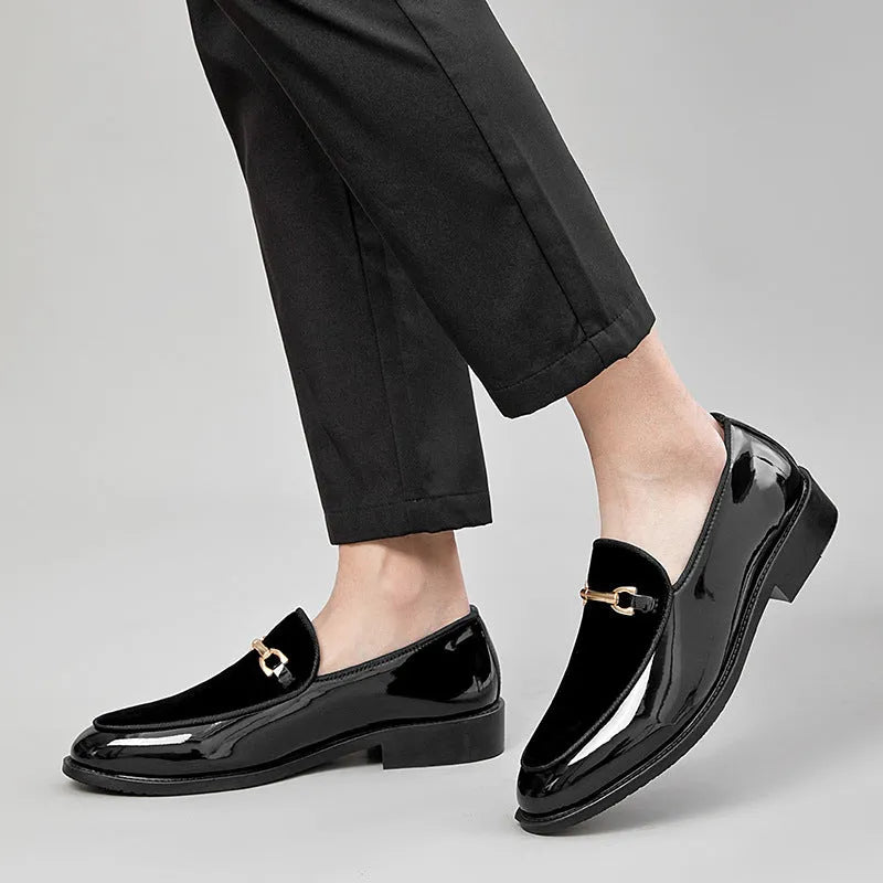 Patent leather shiny wedge heel shoes oversleeve design black green sky blue rubber sole unisex