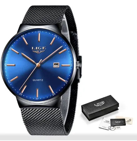 Stainless steel men's wristwatch with 40mm dial showing all-black, all-blue, and black-blue colour options